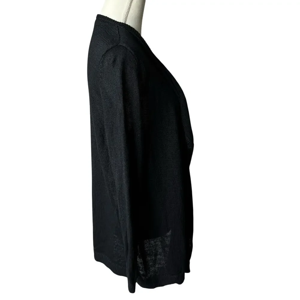 TALBOTS Black Linen Sweater Open Front Cardigan Womens M Summer Layering